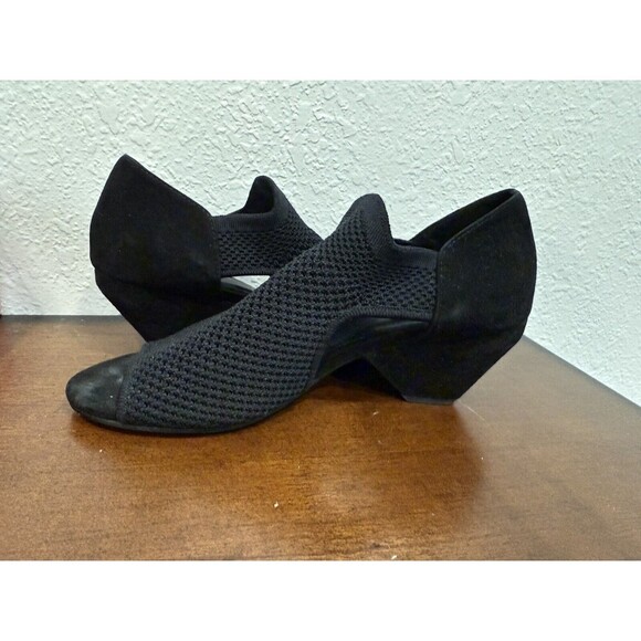Eileen Fisher Sz 9 Black Wink Knit Open Toe Pump Heels Stretch Mesh & Suede - Picture 5 of 5